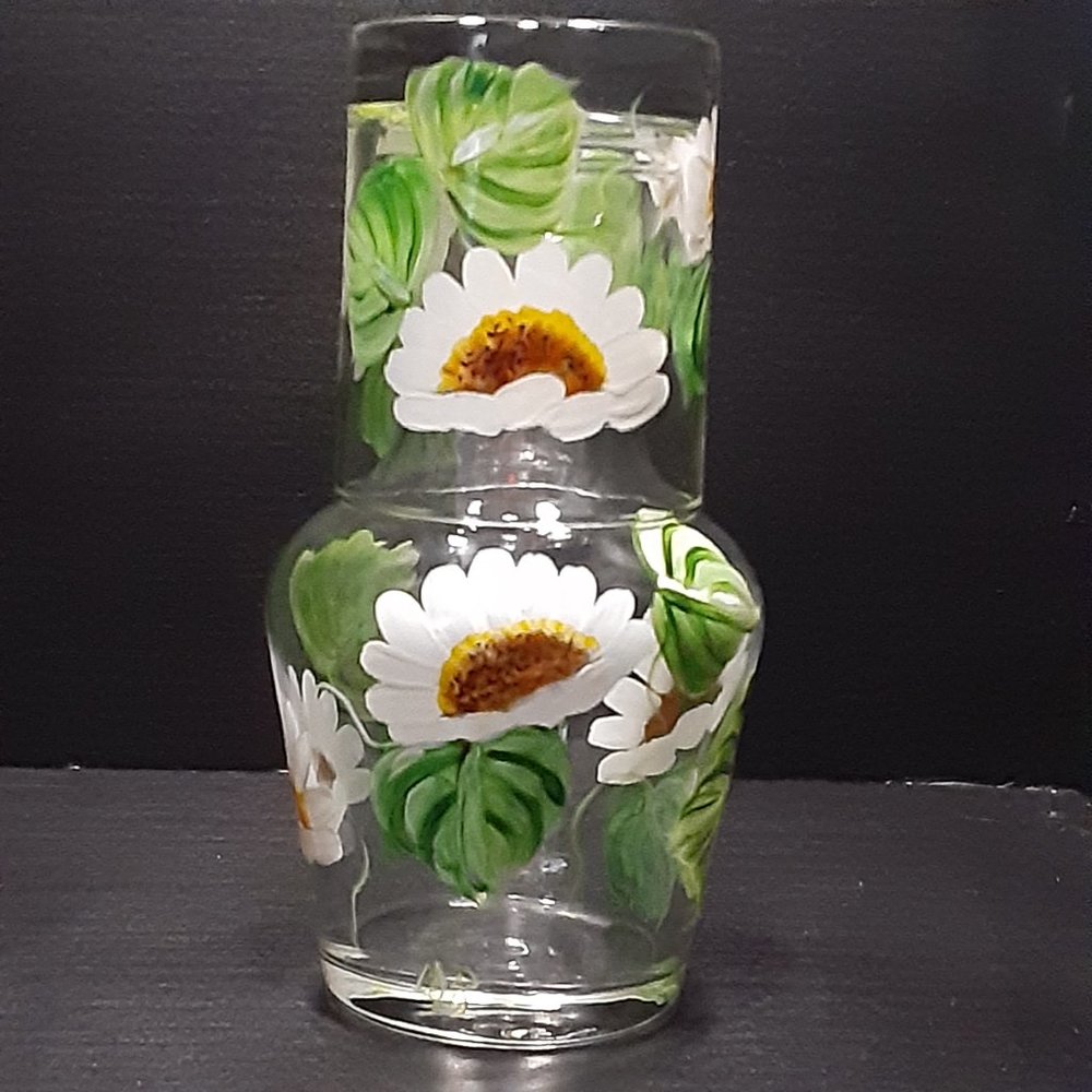 Vintage Hand Painted Glass Tumble Up Bedside Water Decanter Carafe